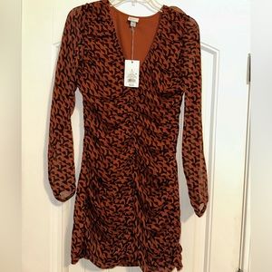 NWT A New Day Long Sleeve Ruched Front Bodycon Dress -  Brown Geo Print Small